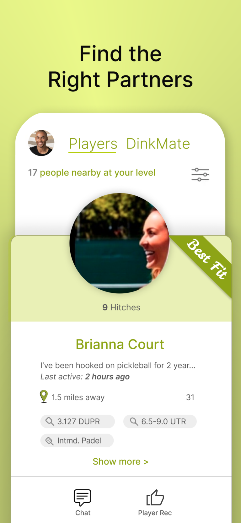 Picture of a mobile screen displaying a Best Fit player card for partner matching