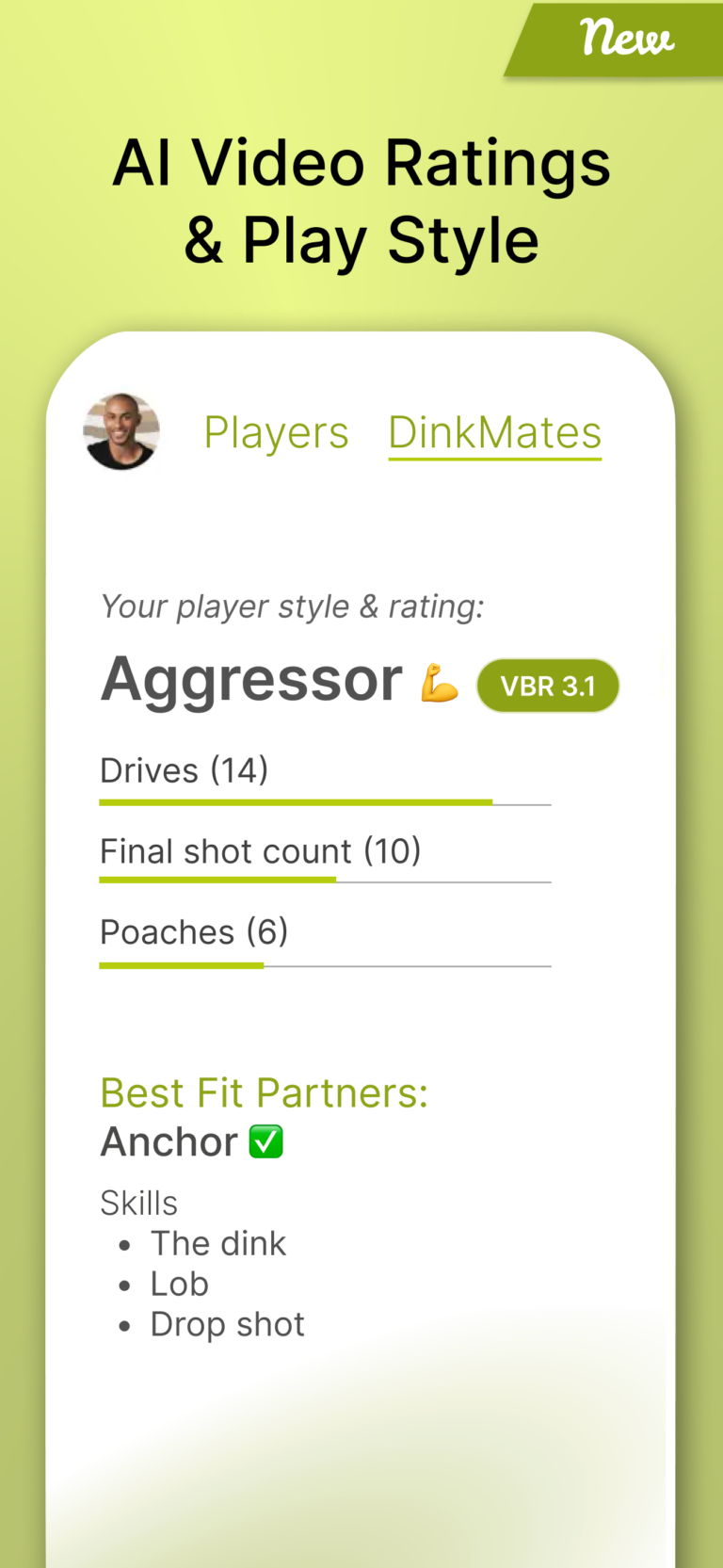 Mobile picture of aggressor play style with drives, final shot count, poaches & best fit partner